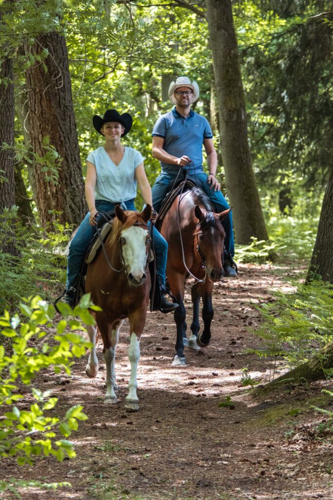 Zwei Personen reiten auf braunen Pferden durch einen Waldweg mit Bäumen und Pflanzen.