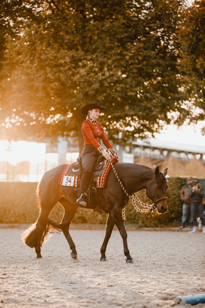 Reiterin in rotem Oberteil auf schwarzem Pferd während einer Reitveranstaltung im Sonnenlicht.
